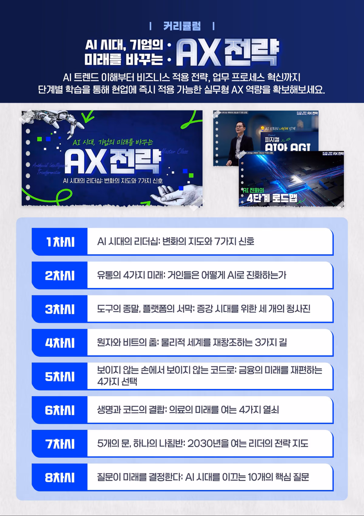 커리큘럼 8차시: AI 시대의 리더십, 유통의 4가지 미래, 증강 시대를 위한 청사진, 물리적 세계를 재창조하는 3가지 길, 금융의 미래, 의료의 미래, 2030 리더의 전략 지도, AI 시대를 이끄는 10개의 핵심 질문