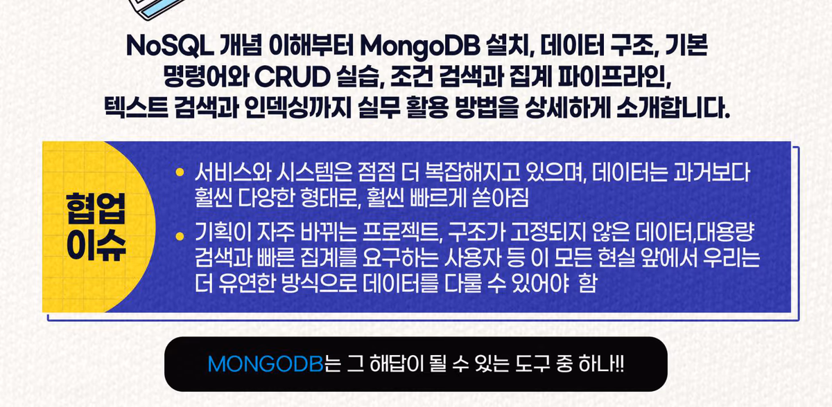 NoSQL 개념부터 MongoDB 설치·CRUD·집계 파이프라인·인덱싱까지, 현업 이슈: 다양하고 빠르게 쏟아지는 데이터를 유연하게 다뤄야 한다