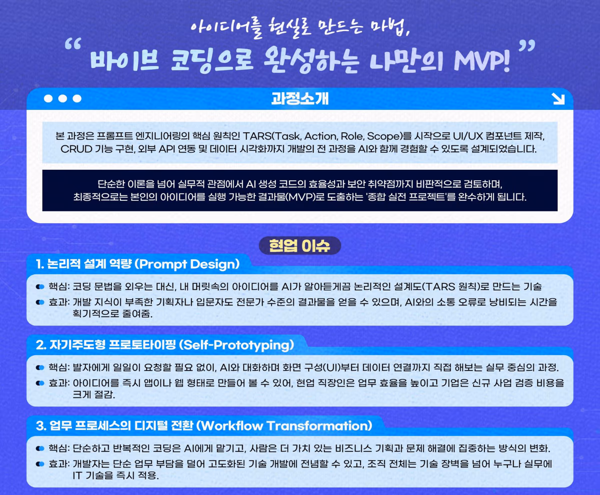 아이디어를 현실로 만드는 마법, 바이브 코딩으로 완성하는 나만의 MVP — TARS 원칙부터 UI/UX 컴포넌트·CRUD·외부 API·데이터 시각화까지. 현업 이슈: 논리적 설계 역량, 자기주도형 프로토타이핑, 업무 프로세스의 디지털 전환