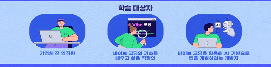 학습 대상자: 기업체 전 임직원, 바이브 코딩의 기초를 배우고 싶은 직장인, 바이브 코딩을 활용해 AI 기반으로 앱을 개발하려는 개발자