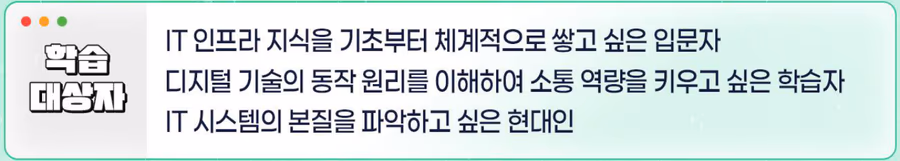 학습 대상자: IT 인프라 지식을 기초부터 체계적으로 쌓고 싶은 입문자, 디지털 기술의 동작 원리를 이해해 소통 역량을 키우고 싶은 학습자, IT 시스템의 본질을 파악하고 싶은 현대인