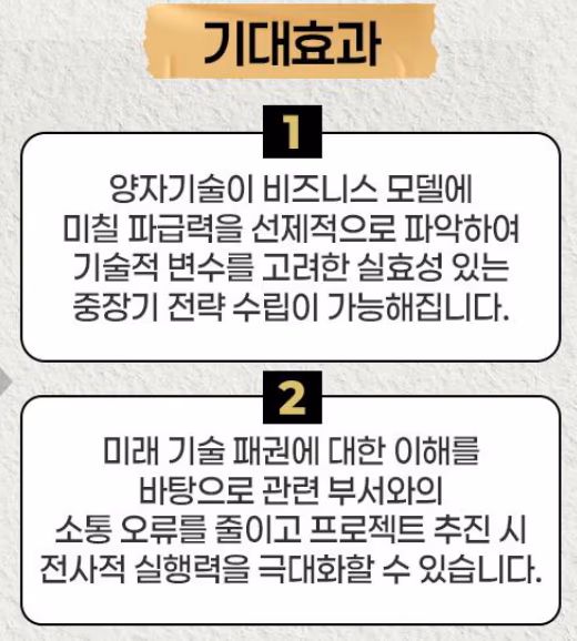 기대 효과: 양자기술이 비즈니스 모델에 미칠 파급력을 선제적으로 파악해 중장기 전략 수립, 관련 부서와의 소통 오류를 줄이고 전사적 실행력 극대화