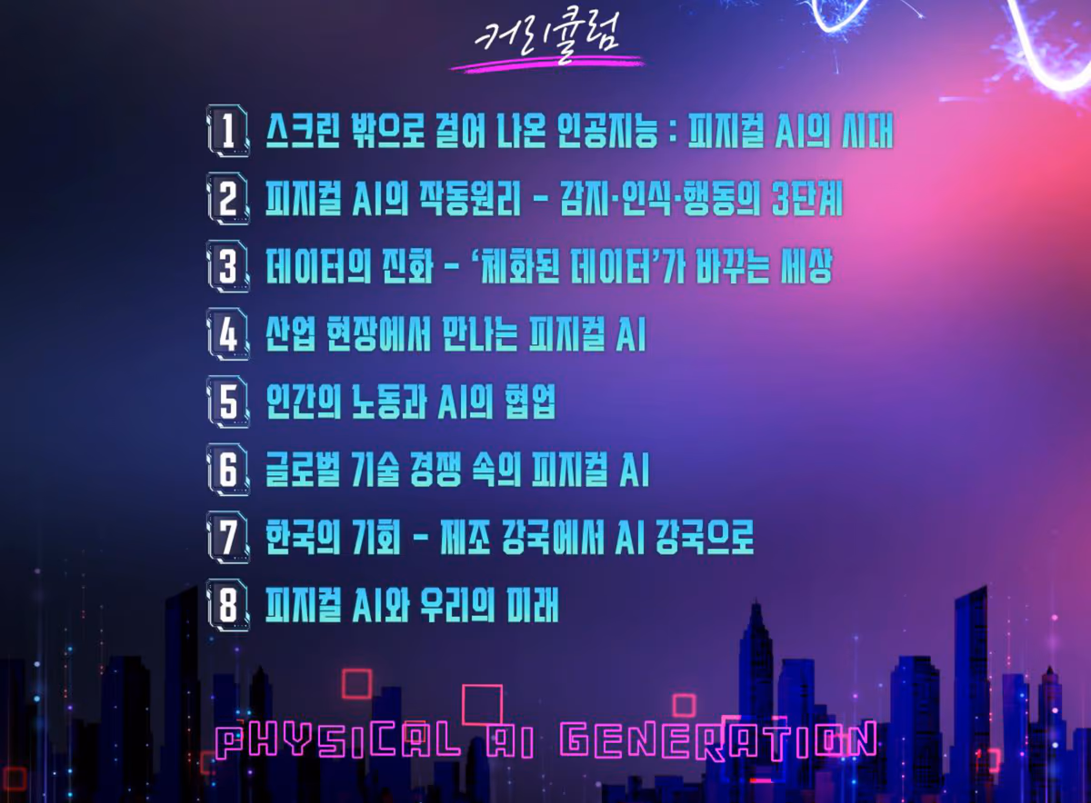 커리큘럼 8차시: 스크린 밖으로 걸어 나온 인공지능, 감지·인식·행동의 3단계, 체화된 데이터, 산업 현장의 피지컬 AI, 인간의 노동과 AI의 협업, 글로벌 기술 경쟁, 한국의 기회, 피지컬 AI와 우리의 미래