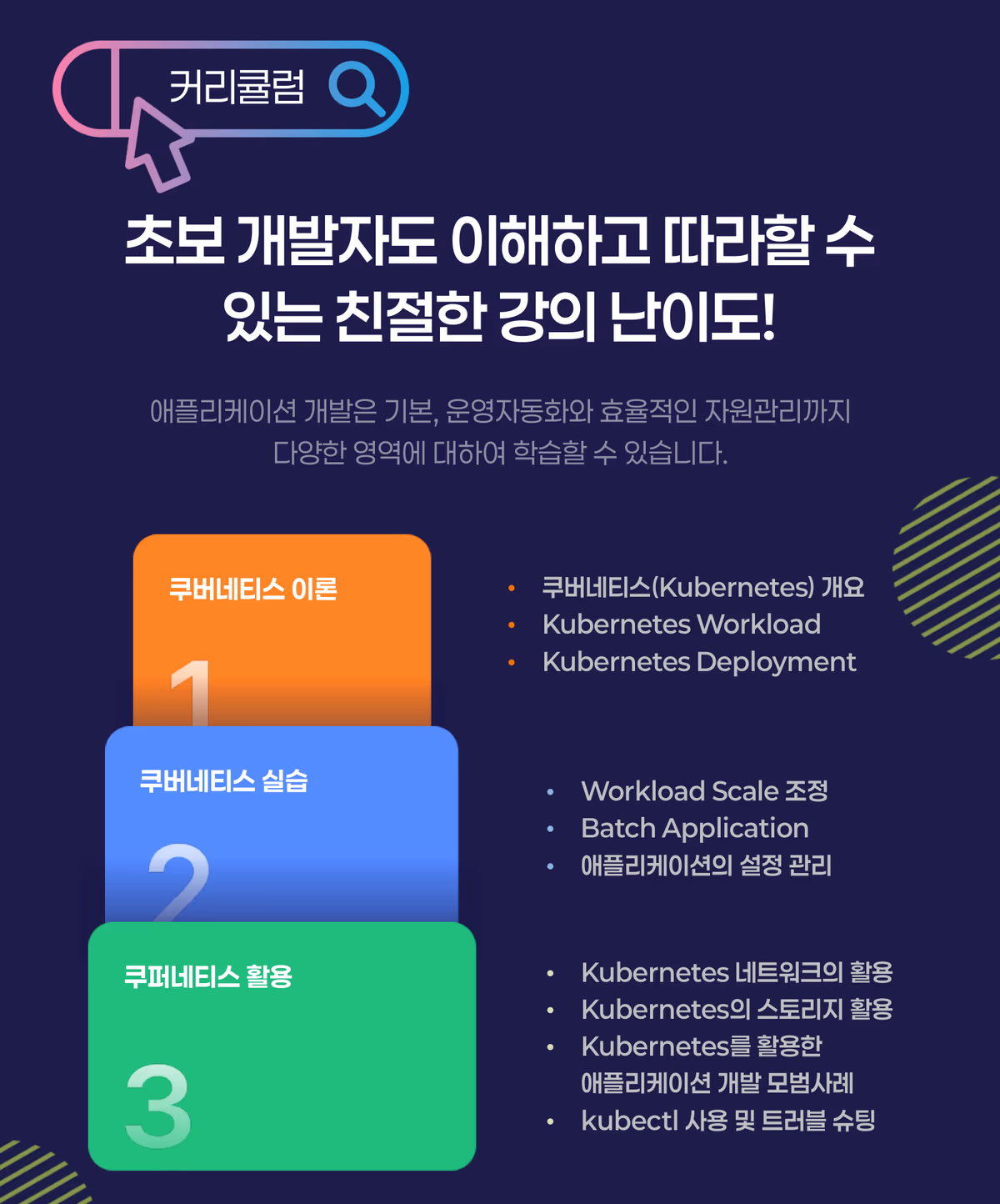 커리큘럼: 쿠버네티스 이론(개요·Workload·Deployment), 실습(Workload Scale 조정·Batch Application·설정 관리), 활용(네트워크·스토리지·개발 모범사례·kubectl 트러블 슈팅)