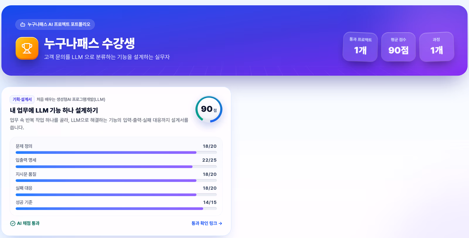 공개 포트폴리오 — 통과한 프로젝트와 평가 기준별 점수를 링크 하나로 보여 주는 화면